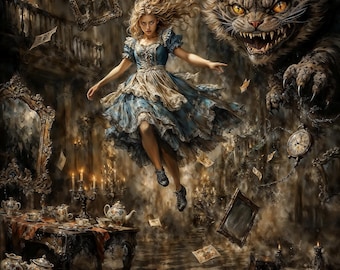 Könnte beinhalten: Eine digitale Illustration einer Person mit langem blondem Haar in einem blau-weißen Kleid, die in einem dunklen Raum schwebt, zusammen mit einer großen, bedrohlichen Katze mit leuchtend gelben Augen, einem Schachbrettboden, schwebenden Bilderrahmen und einem Teeservice.