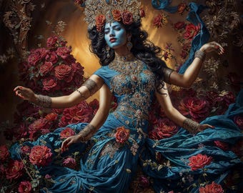 Diosa Kali, guardiana del flujo sagrado. Ilustración de fantasía oscura. Decoración para el hogar imprimible y de descarga instantánea.