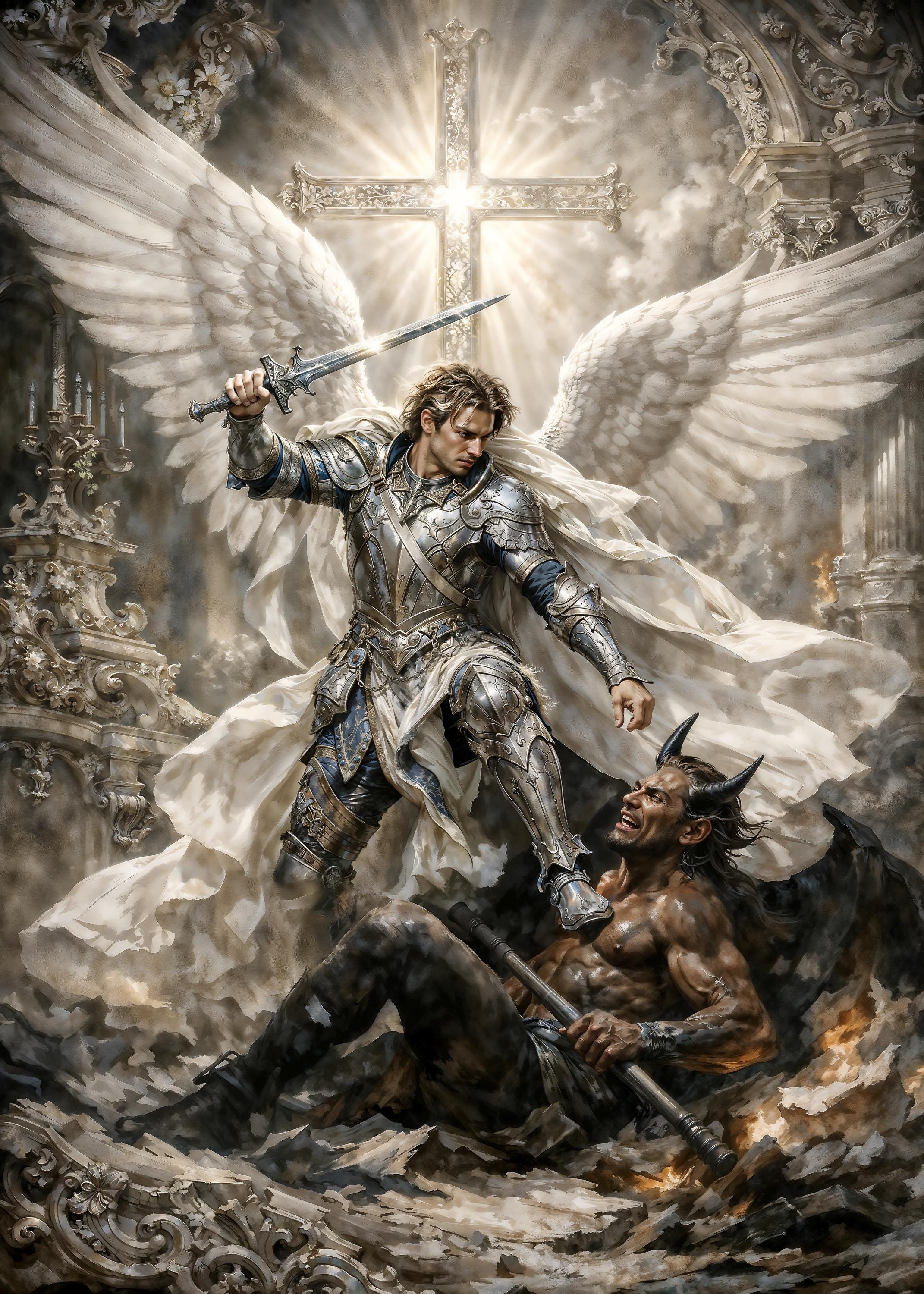 Archangel Michael Defeating Satan, Fantasy Illustration, Instant 