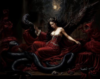 The Scarlet Veil Of Lilith, Dark Fantasy Illustration, Instant Download Printable Home Decor