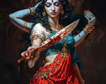El Pulso del Caos, Diosa Kali, Ilustración de Fantasía Oscura, Decoración del Hogar Imprimible de Descarga Instantánea