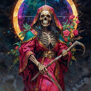 Könnte beinhalten: Digitales Kunstwerk einer skelettartigen Figur in einem roten Gewand, die eine Sense hält. Die Figur hat lange dunkle Haare und eine Totenkopf-Gürtelschnalle. Ein himmlischer Hintergrund mit Mond und Blumen vervollständigt das Bild.