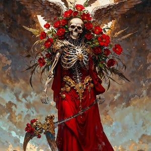 La Huesuda, Red Dress Santa Muerte , Dark Fantasy illustration, Instant Download Printable Home Decor