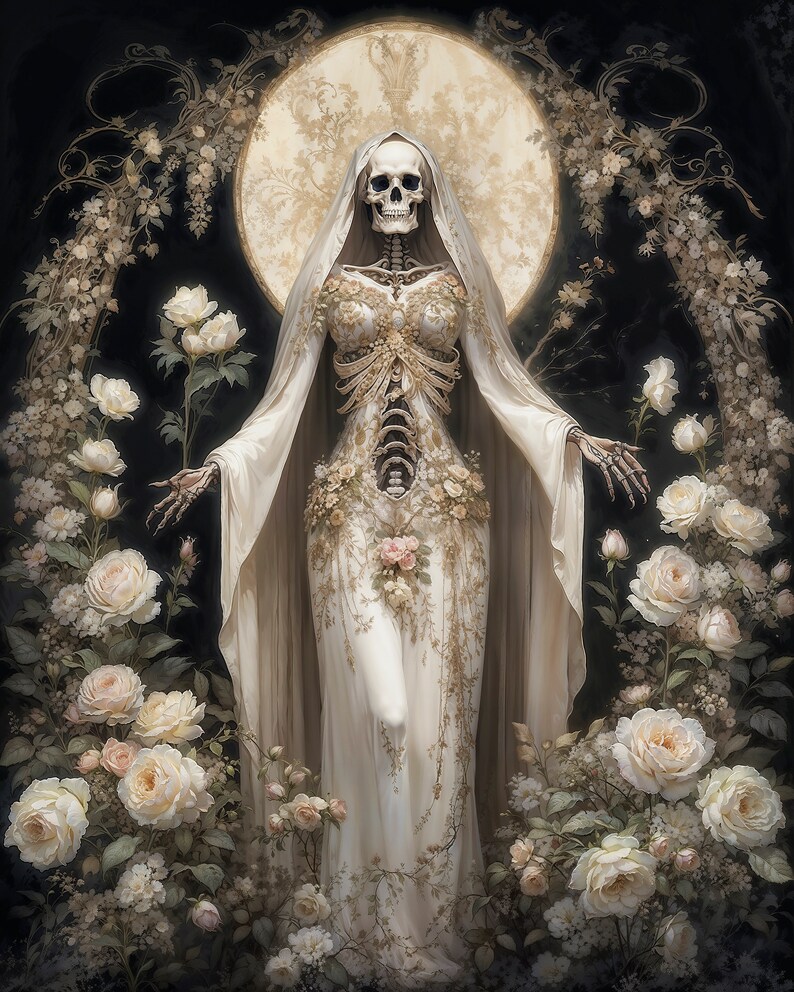 White Santa Muerte Fantasy Illustration, Instant Download Printable