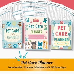 Planificador de cuidado de mascotas imprimible: registro de salud, alimentación, historial veterinario y cuidado personal (tamaños A4 y carta de EE. UU.)