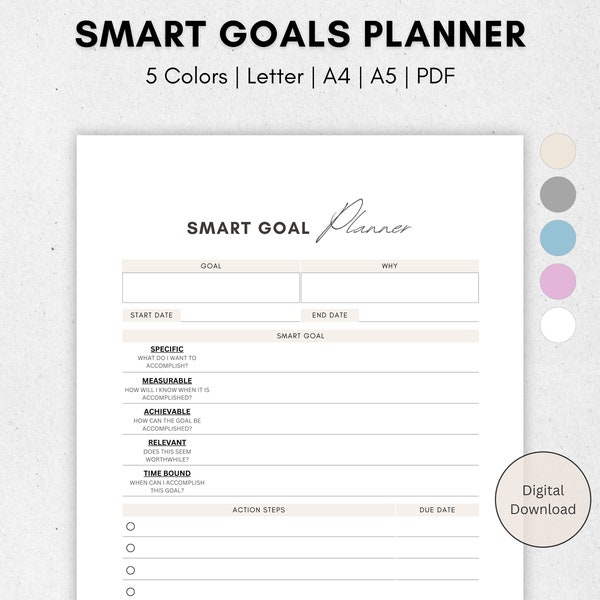 SMART Goals Planner Printable, Goal Setting Template, Goal Planning Sheet, Productivity Personal Goal, Printable PDF, A4, A5, Letter