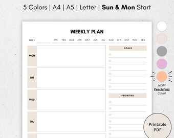 Minimalist Weekly Planner: A4 A5 Letter Sizes (PDF)