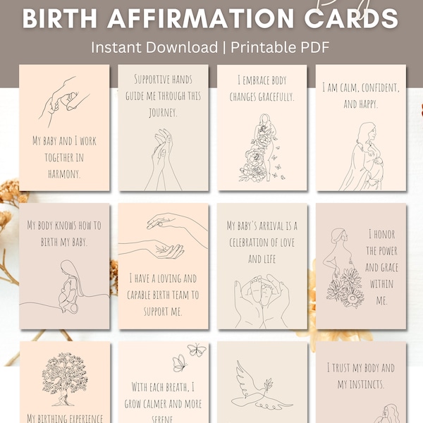 32 Birth Affirmation Printable Cards, Digital Download, Positive Birth Quotes, Birth Affirmation Digital Download, Pregnancy Affirmations