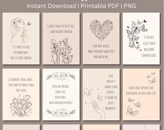 32 Printable New Mom Affirmation Cards, Postpartum Gift, New Mom Gift, Minimalist Floral Art, Digital Download in PDF&PNG, Beige Color Theme