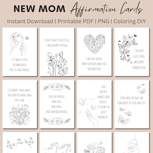 Könnte beinhalten: Ein Set von 32 druckbaren Affirmationskarten für junge Mütter. Jede Karte zeigt eine einzigartige Schwarz-Weiß-Strichzeichnung und inspirierenden Text. Die Karten sind für den sofortigen Download konzipiert und sind als PDF, PNG und zum Ausmalen verfügbar.