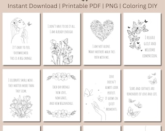 32 Printable New Mom Affirmation Cards, Postpartum Gift, New Mom Gift, Minimalist Floral Art, Digital Download in PDF&PNG