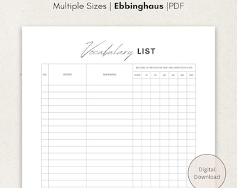Vocabulary List Worksheet Printable, , Boost Your Memory and Retention, Language Study Notebook Template