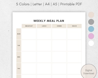 Plantilla de planificador de comidas semanal: Menú de 7 días, tamaño carta (A4/A5) (PDF)