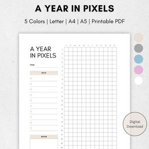 A Year in Pixels, Yearly Mood Tracker, Anxiety Tracker, Daily Mood Cart, A4, A5, Letter, Printable PDF