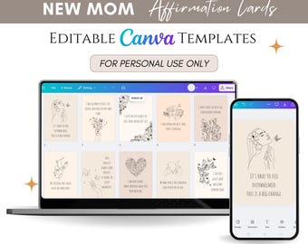 32 Editable New Mom Affirmation Cards, Postpartum Gift, Canva Editable Template, New Mom Gift, Minimalist Floral Art