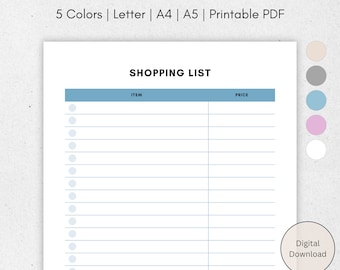 Plantilla de lista de compras imprimible: Planificador de compras (A4, A5, Carta, PDF)