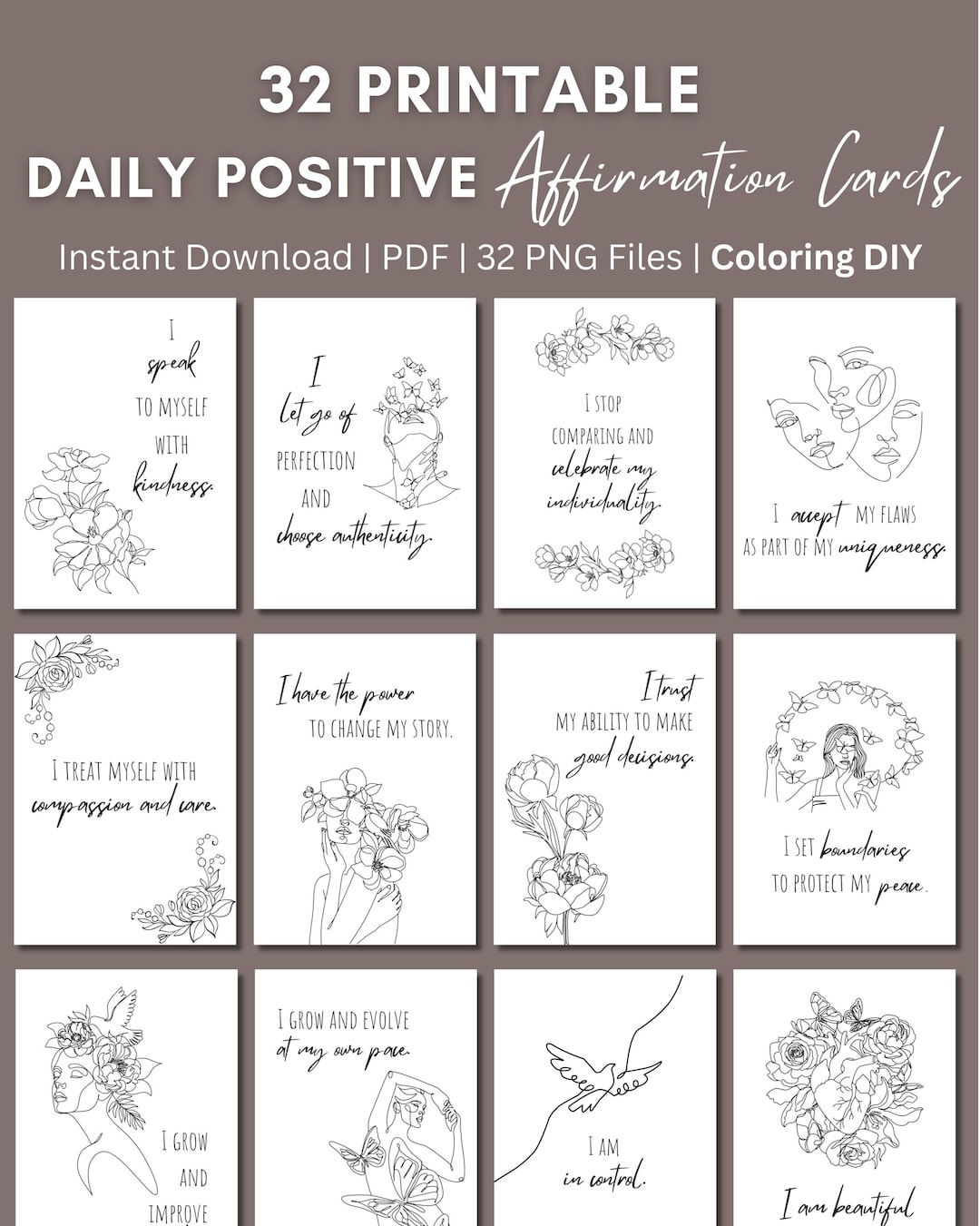 32 Daily Affirmation Cards Printable, DIY Coloring, Vision Board ...