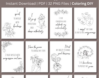 32 Daily Affirmation Cards Printable, DIY Coloring, Vision Board Printable, Digital affirmation cards, Calming Corner Printables, PNG, PDF
