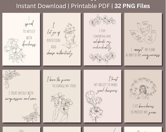 32 Daily Affirmation Cards Printable, Positive Affirmation Cards, Vision Board Kit, Digital affirmation cards, Calming Corner Printables
