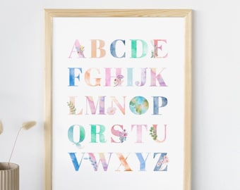 Alphabet Poster Watercolor Floral Style, ABC Poster, Educational Poster, Homeschool Decor, Play Room Wall Decor, Printable Wall Art