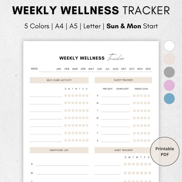 Weekly Wellness Tracker, Weekly Habit Tracker, Sleep Tracker, Self Care Tracker, Routine Planner, Wellness Planner, A4, A5, Letter, PDF