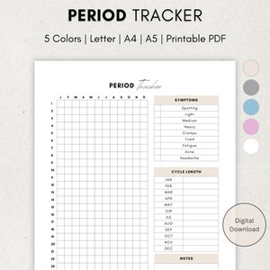 Op de afbeelding: Printbare menstruatietracker met een kalenderrooster om je cyclus bij te houden, een sectie om symptomen te noteren en een sectie om de cycluslengte te registreren. De tracker is ontworpen om te worden afgedrukt op letter, A4 of A5 papier.