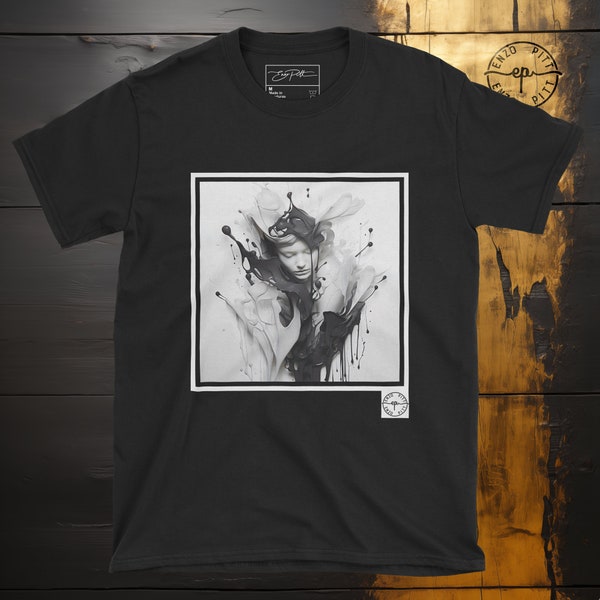 Abstract Ephemeral Woman Shirt, Black And White Contemporary Tee Shirt, Fluid Art T-Shirt, Splash Graphic Top, Unisex Cotton Gildan