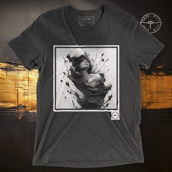 Abstract Ephemeral Woman Shirt, Black And White Contemporary Tee Shirt, Fluid Art T-Shirt, Splash Graphic Top, Unisex Triblend Bella Canvas