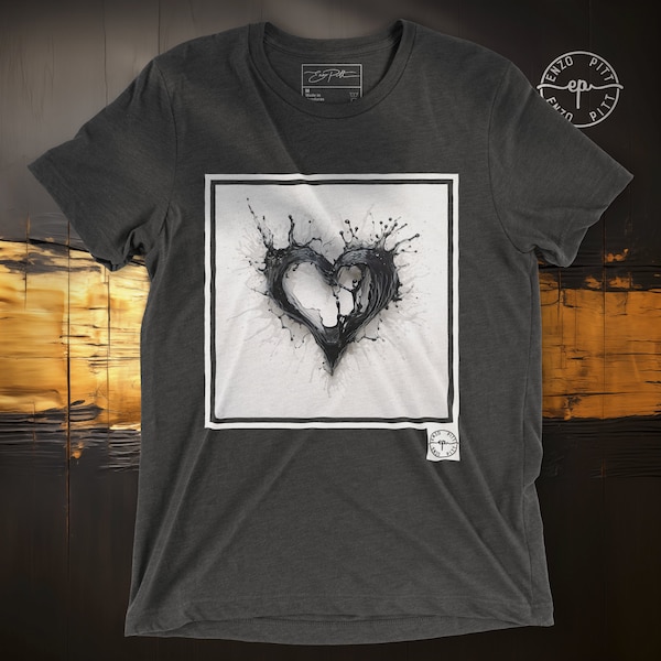 Bleeding Heart Shirt, Abstract Dripping Heart Black And White Tee Shirt, Fluid Art T-Shirt, Splash Graphic Top, Unisex Triblend Bella Canvas