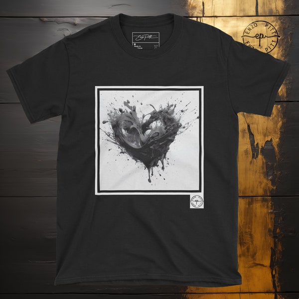 Bleeding Heart Shirt, Abstract Dripping Heart Black And White Tee Shirt, Fluid Art T-Shirt, Splash Graphic Top, Unisex Cotton Gildan