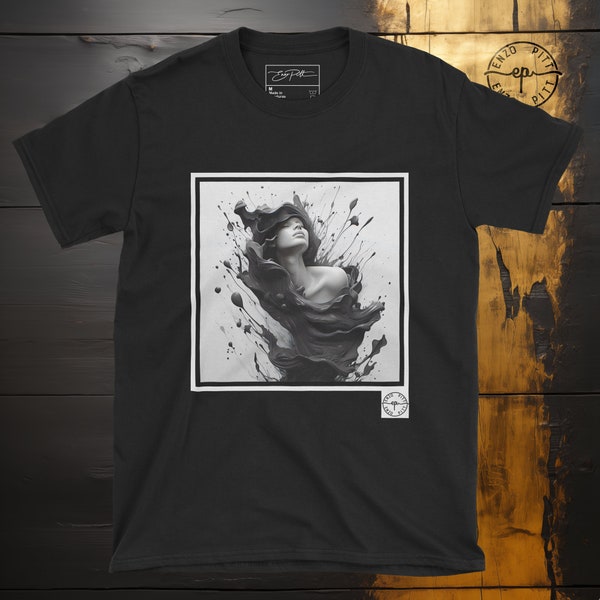 Abstract Ephemeral Woman Shirt, Black And White Contemporary Tee Shirt, Fluid Art T-Shirt, Splash Graphic Top, Unisex Cotton Gildan