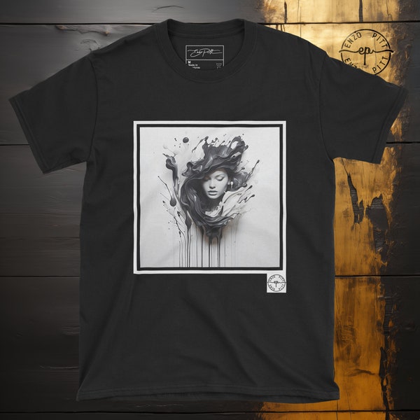 Abstract Ephemeral Woman Shirt, Black And White Contemporary Tee Shirt, Fluid Art T-Shirt, Splash Graphic Top, Unisex Cotton Gildan