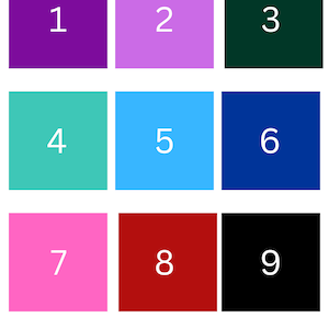 May include: Nine colourful squares with numbers 1 through 9 in white text.