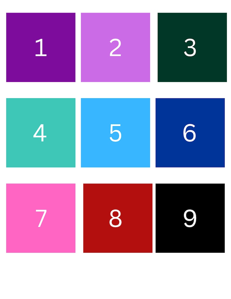 May include: Nine colourful squares with numbers 1 through 9 in white text.