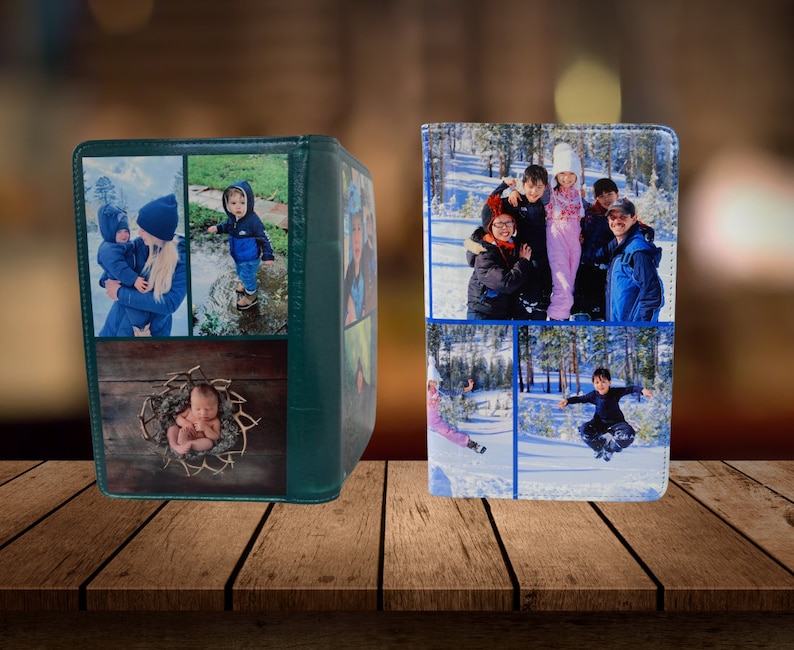 May include: Two green photo albums with different family photos on the covers. The album on the left has photos of a baby, a young boy, and a woman holding a baby. The album on the right has photos of a family in the snow.