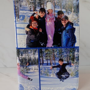 May include: A collage of four photographs featuring a family in a snowy winter setting. The top photo shows five people, including two children wearing winter hats, smiling and posing in the snow. The bottom left photo shows a child in pink trousers and a blue jacket jumping in the snow. The bottom right photo shows a child in a black jacket jumping in the snow. The bottom left photo shows a child in pink trousers and a blue jacket jumping in the snow.