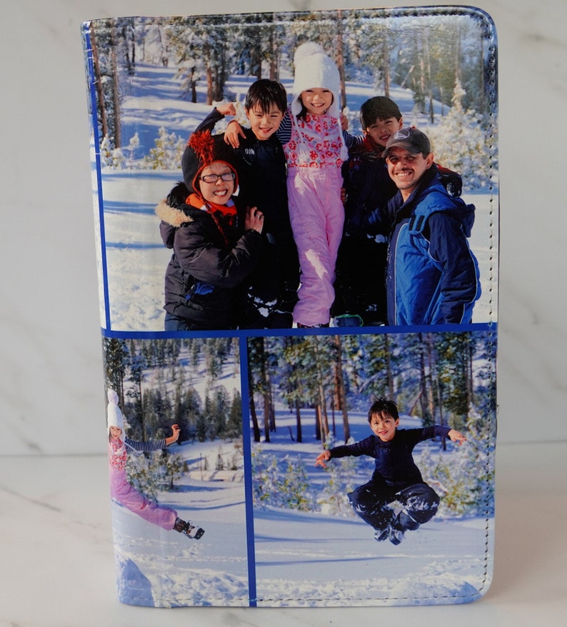 May include: A collage of four photographs featuring a family in a snowy winter setting. The top photo shows five people, including two children wearing winter hats, smiling and posing in the snow. The bottom left photo shows a child in pink trousers and a blue jacket jumping in the snow. The bottom right photo shows a child in a black jacket jumping in the snow. The bottom left photo shows a child in pink trousers and a blue jacket jumping in the snow.