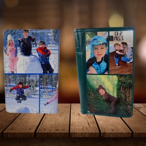 May include: Two personalised photo albums with different designs. The first album features a collage of four photos of children in winter scenes. The second album features a collage of four photos of children in various settings, including a baby sleeping on a tree branch.