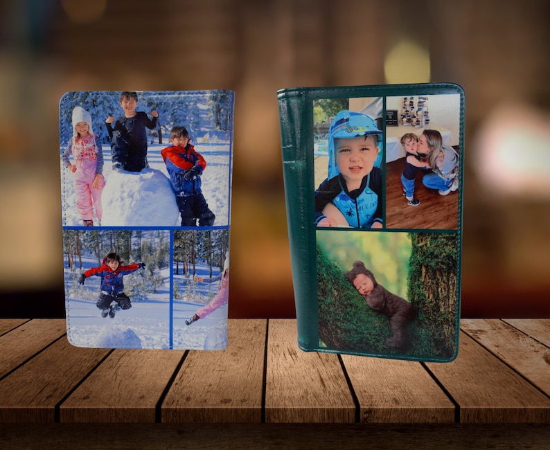 May include: Two personalised photo albums with different designs. The first album features a collage of four photos of children in winter scenes. The second album features a collage of four photos of children in various settings, including a baby sleeping on a tree branch.