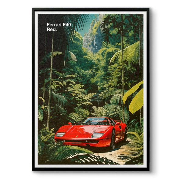 Ferrari F40 In the Jungle Poster, Surreal Car Art Print, Bedroom, Lounge, Wall Art, Home Decor, Gift, Framed, 50 x 70 40 x 50 30 x 40cm