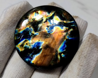 Natural spectrolite Labradorite ring, Round Shape 35x35x5 MM Rainbow color Natural Gemstone, For Making Jewelry, Cabochons For Sale, 50 Ct.