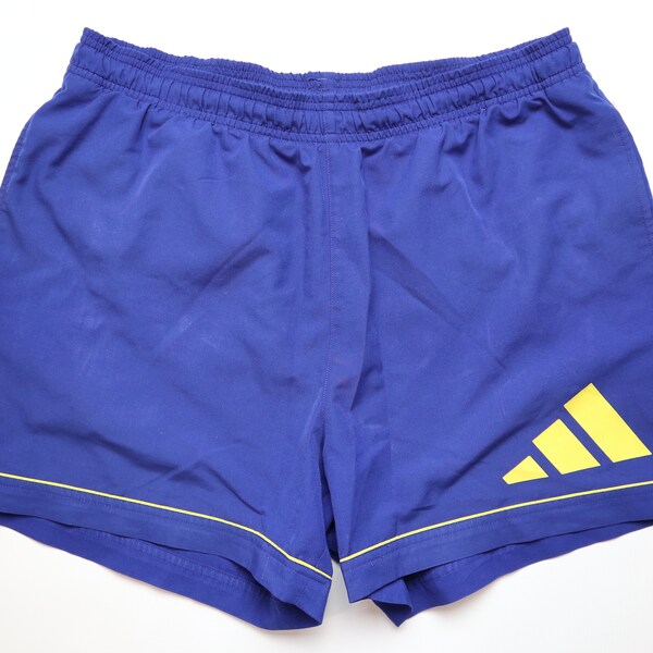 Adidas 1990s 90s vintage training beach running gym shorts blue yellow adult men’s size M medium big logo retro style