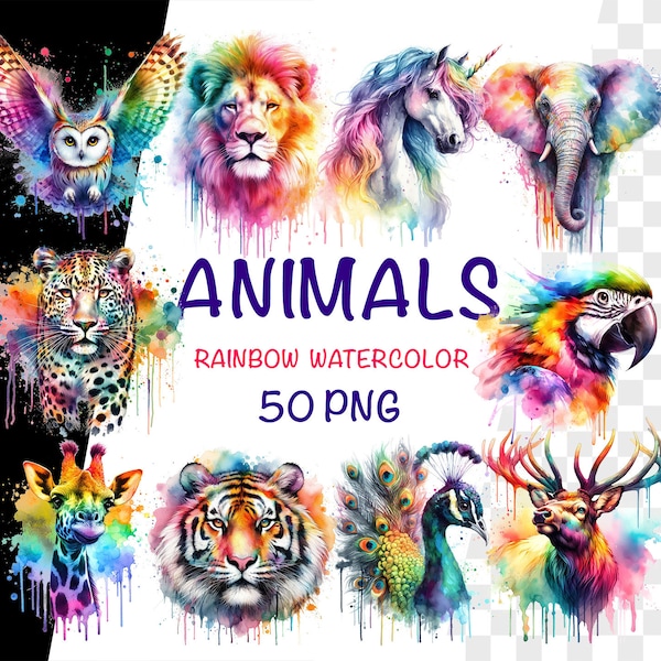 50 imágenes prediseñadas de animales arco iris de acuarela, imágenes prediseñadas de arco iris PNG, animales brillantes, arco iris pintado, ilustraciones coloridas, uso comercial