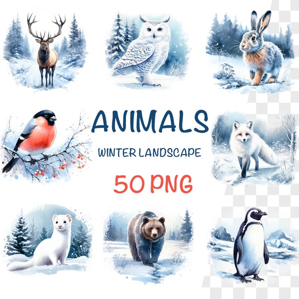 50 Aquarelle Winter Animals Clipart, PNG Christmas Winter Clipart, Animaux réalistes, paysage d’hiver, Utilisation commerciale