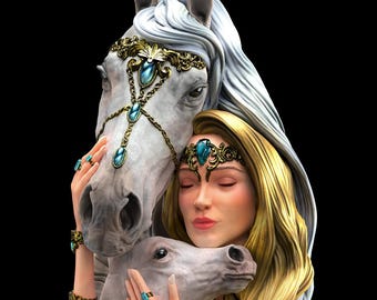 Empatía: Busto de la cuidadora de caballos de Printomancer - Modelo de resina de 24 cm de altura - Sin pintar - Busto