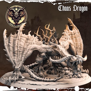 May include: A detailed miniature of a Chaos Dragon, a mythical creature with wings, a long tail, and a skull-like head. The dragon is posed on a base of skulls and bones, with a twisted tree trunk behind it. The miniature is painted in a light grey colour.