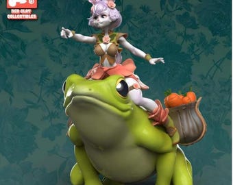 Bunny Druid Miniature with Frog: Violet, 32/75mm Scale Diorama