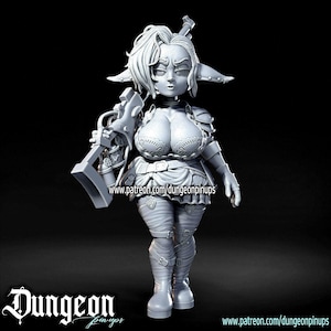 Peut inclure: Une figurine grise imprimée en 3D représentant un personnage aux oreilles pointues, portant un corsage détaillé, une jupe et des bottes à boucles. Le personnage tient un grand fusil sur l'épaule. Le texte www.patreon.com/dungeonpinups est visible.