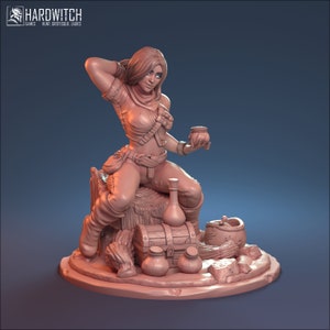 May include: A painted miniature figurine of a woman sitting on a tree stump, holding a bottle in one hand and a small jar in the other. She is wearing a leather outfit and has long brown hair. The figurine is surrounded by other small bottles and a wooden chest.