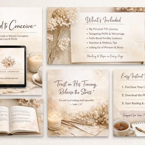 May include: A digital download guide titled "Aligned to Conceive" with the subtitle "Faith-Based Guide to Natural Conception After Loss & PCOS." The image includes a tablet, open book, candles, and text: "Trust in His Timing, Release the Stress."